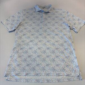 Peter Millar Polo Shirt Mens Large White Blue Print Pima Golf Fish AOP Print Top